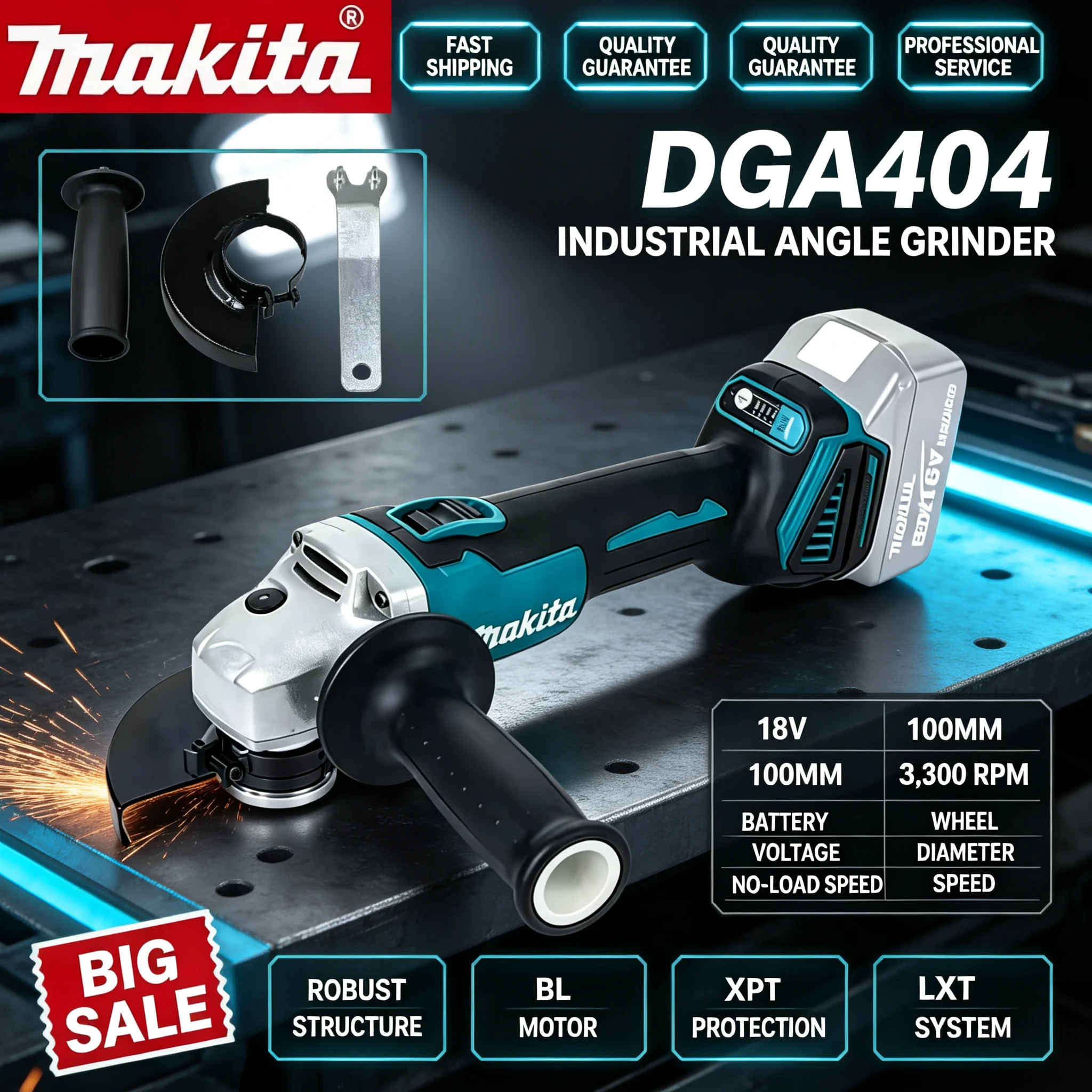 Brushless Angle Grinder Battery Powered - マキタ DGA404 充電式ブラシレスアングルグラインダー 100mm リチウムイオンバッテリー対応 高出力工具