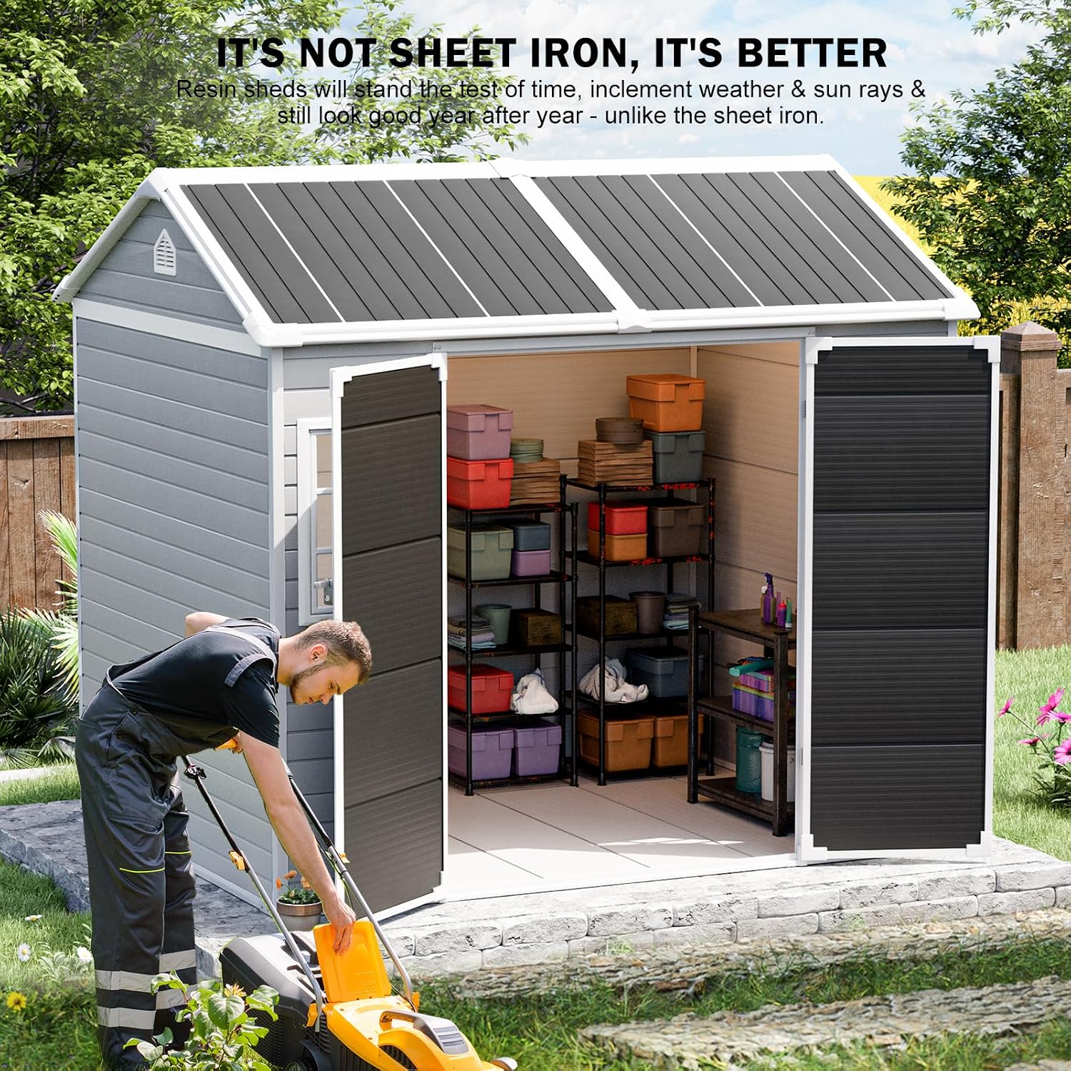 Garden Tools - 床と開閉可能な窓付き樹脂製物置、屋外用ガーデンツールハウス 8x6フィート、カスタマイズ可能