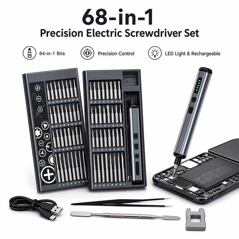 Electric Screwdriver Rechargeable Usb - 68 in 1精密電動ドライバーセット、64ビット、LEDライト付き、充電式コードレスパワースクリュードライバーキット、携帯電話修理、PC用