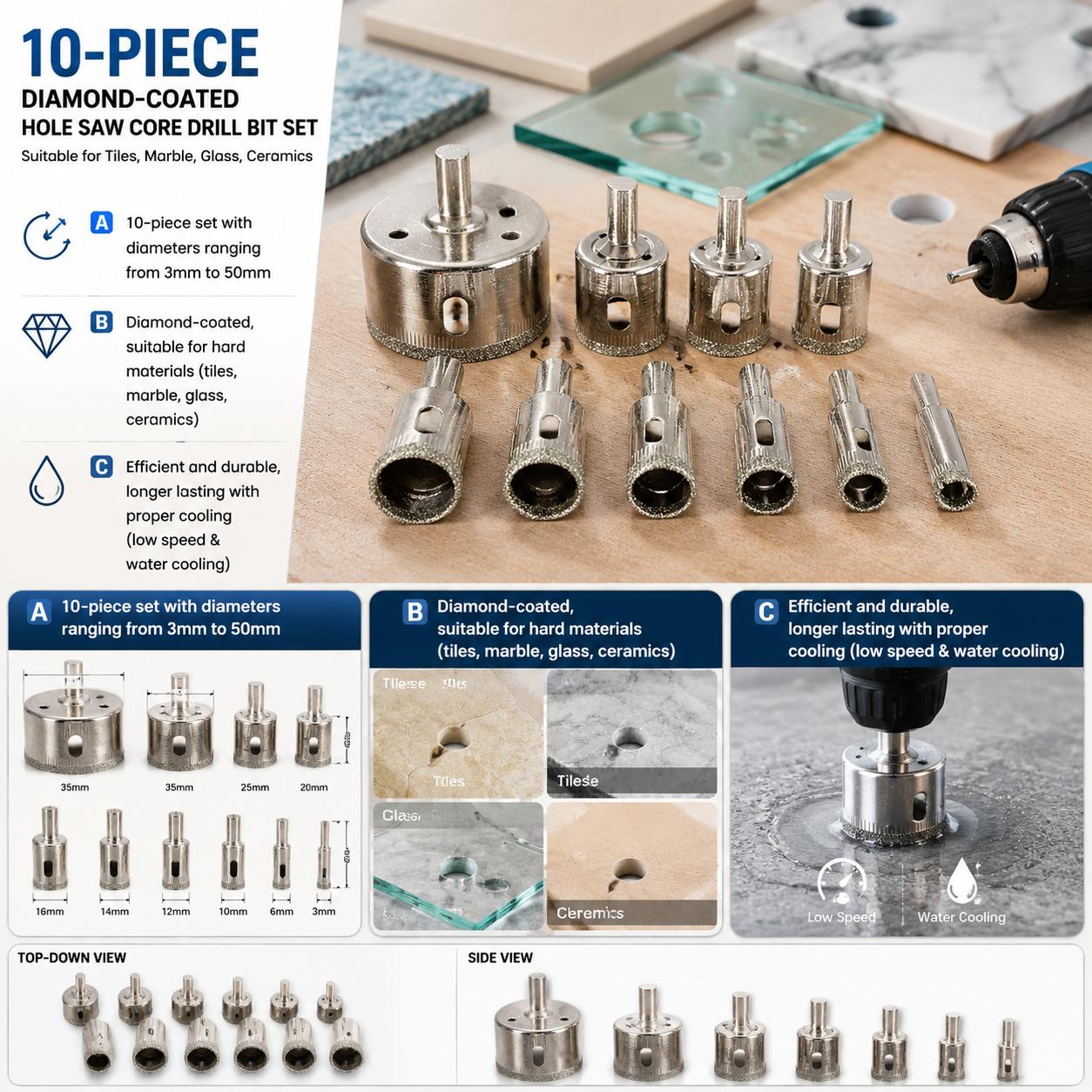 ダイヤモンドコーティングドリルビットセット 10個入り プレ - Reciprocating Saw Attachment Drill のレビューと価格