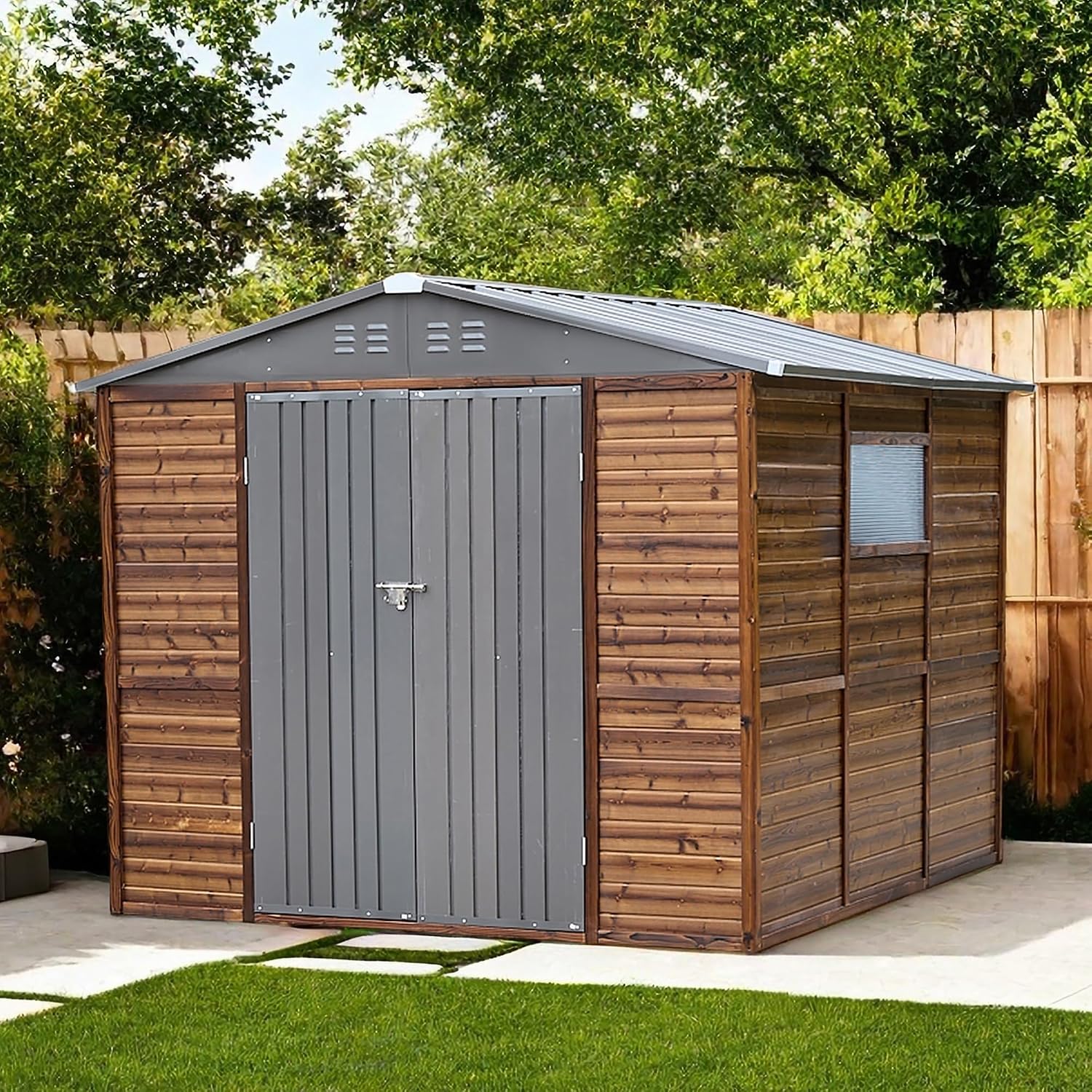 8x8フィートの屋外用木製＆金属製収納庫、防水仕様、窓と4つ - Garden Tools のレビューと価格