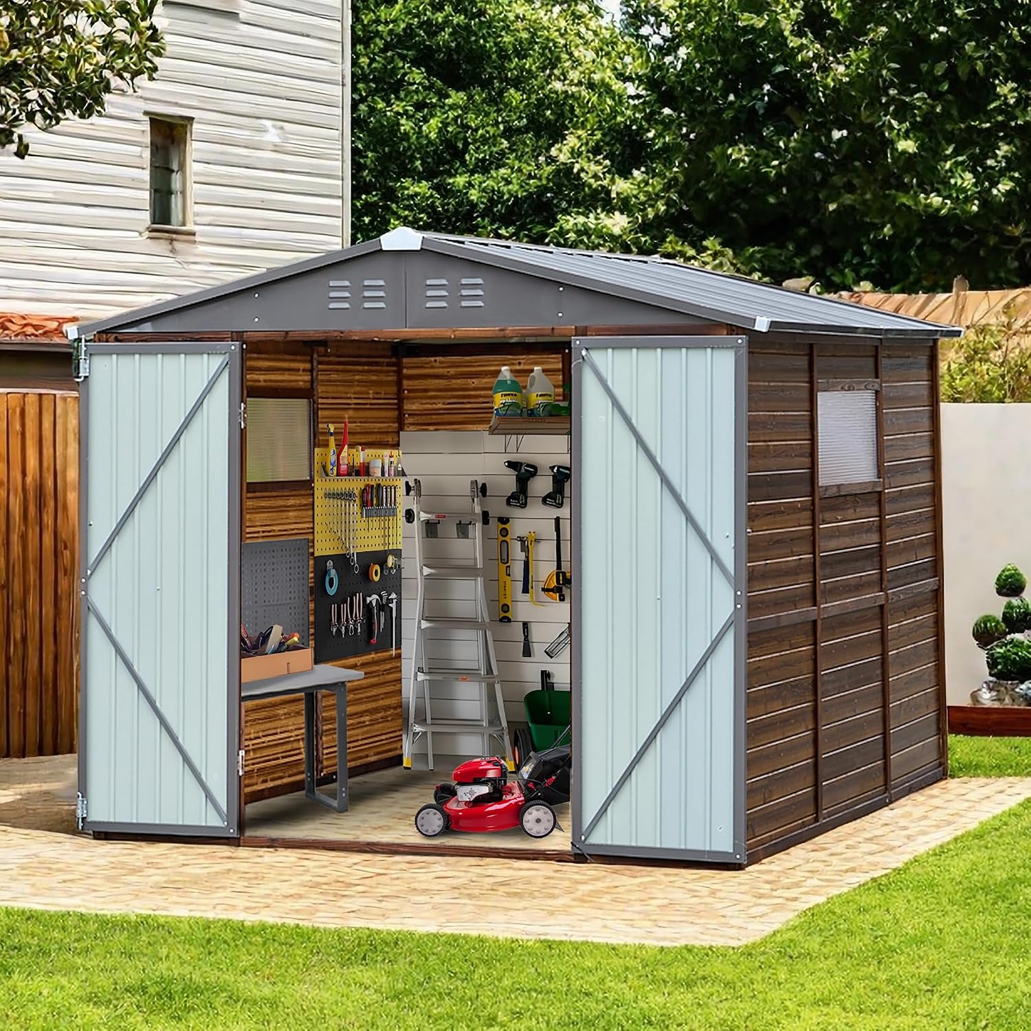 8x8フィートの屋外用木製＆金属製収納庫、防水仕様、窓と4つ - Garden Tools のレビューと価格