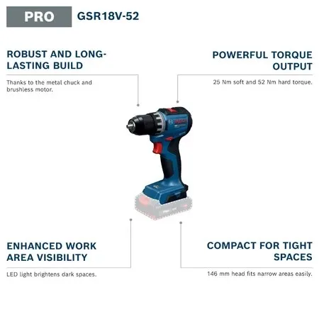BOSCH GSR 18V-52 PRO コードレスドリルド - Brushless Cordless Electric Drill 18V のレビューと価格