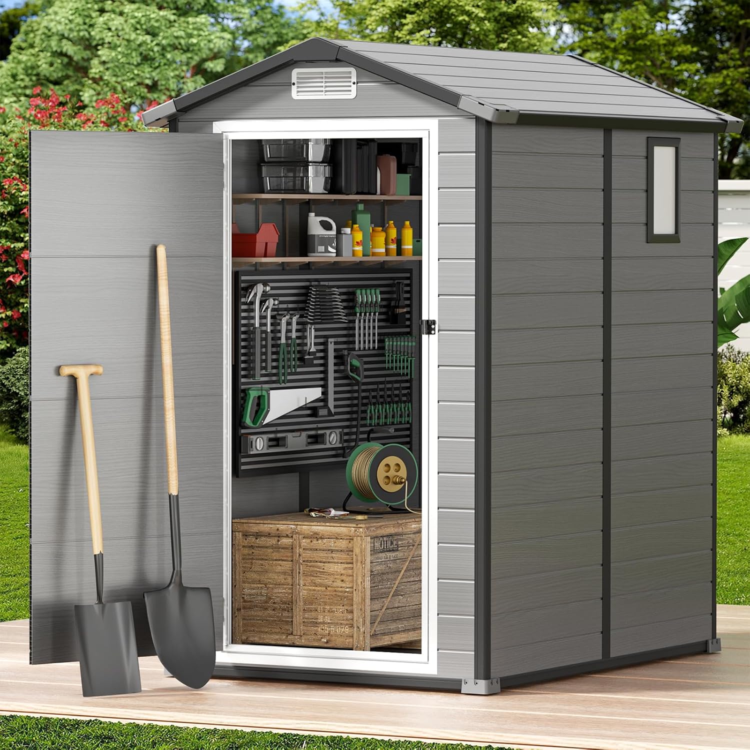 床付き屋外収納庫、樹脂製プラスチック製ガーデンツールハウス  - Garden Tools のレビューと価格