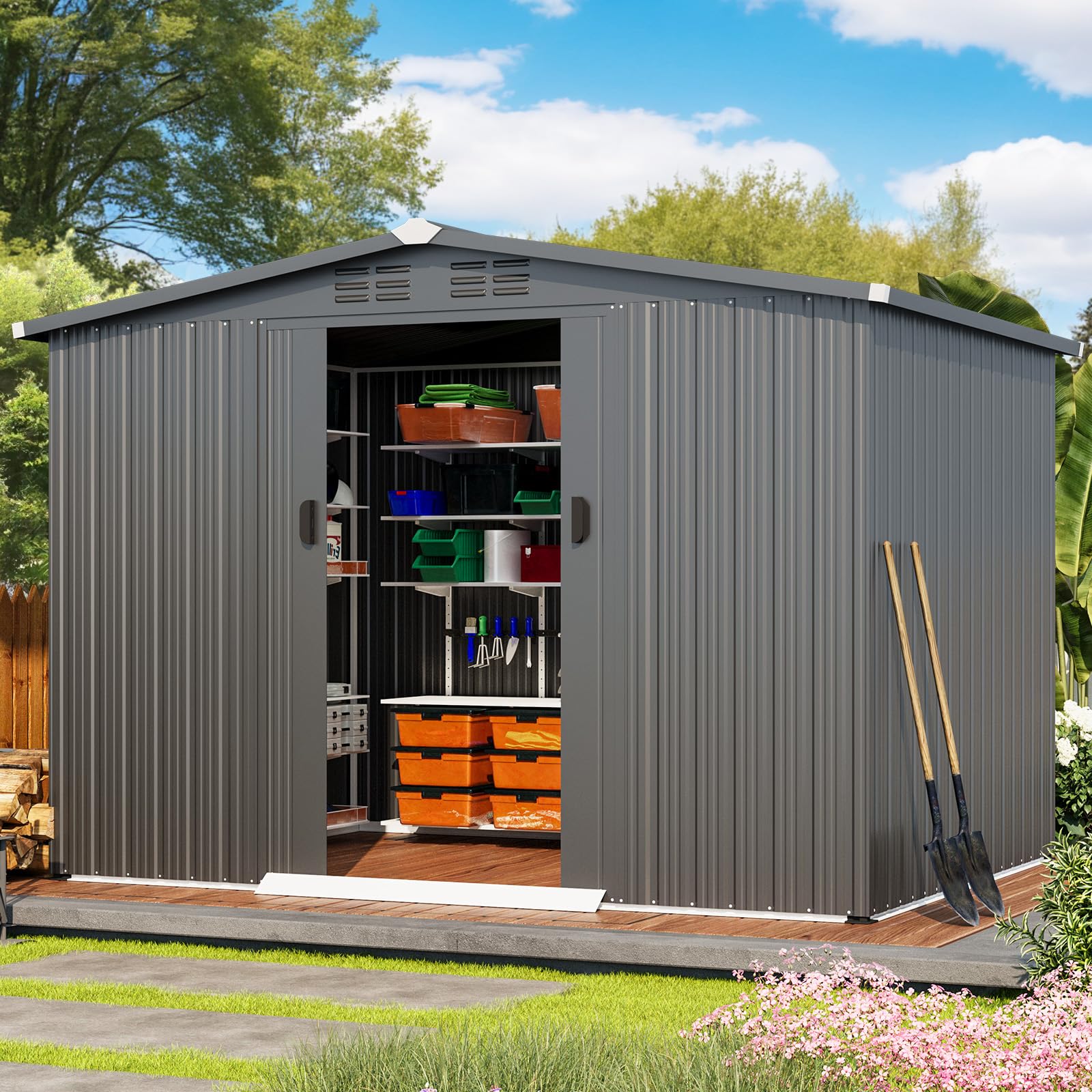 8フィート×6フィートの亜鉛メッキ鋼製屋外収納小屋。傾斜屋根 - Garden Tools のレビューと価格