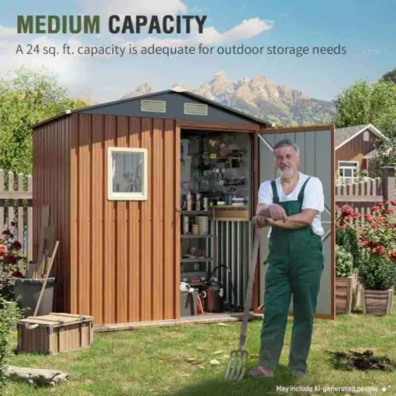 屋外収納庫 6x4フィート、窓付きロック可能な金属製ガーデン - Garden Tools のレビューと価格
